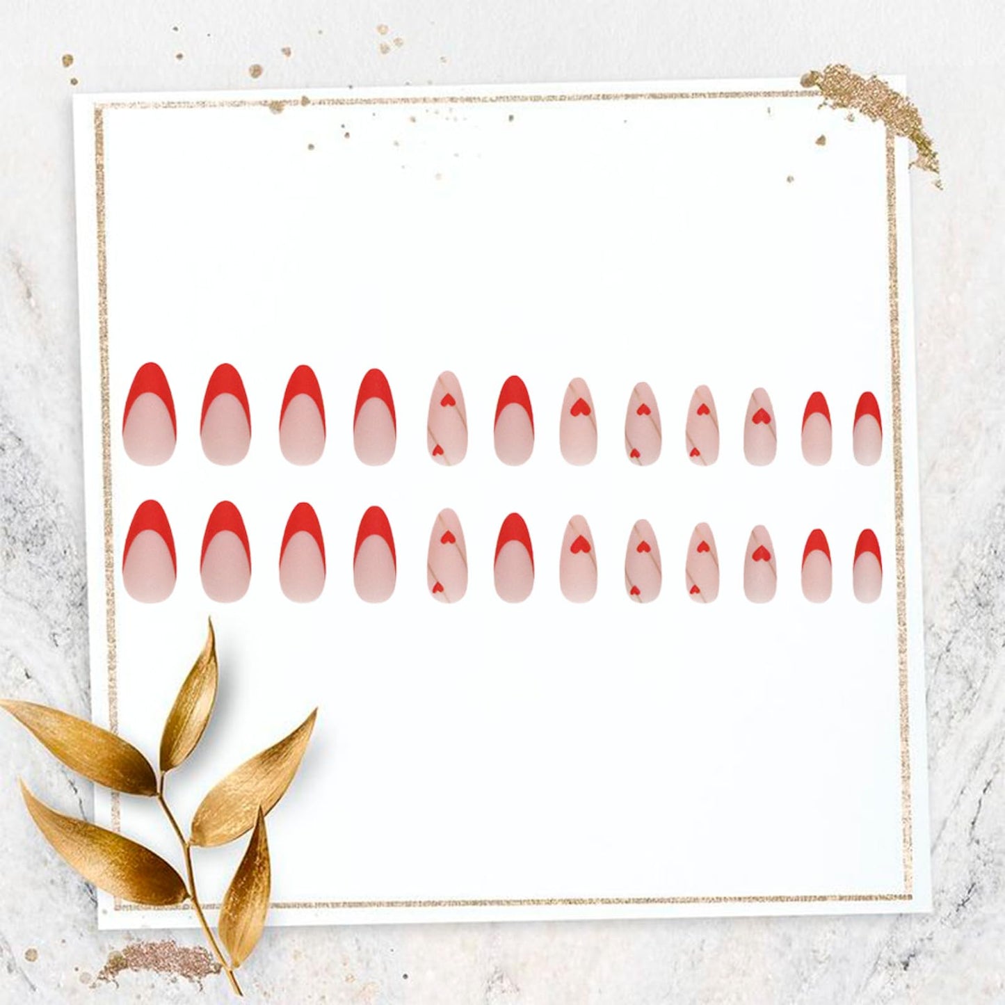 Valentines Nails Red French Tip Press on Nails Medium Almond Fake Nails with Heart Gold Line Design Glue on Nails Red Artificial Acrylic Nails Love Heart Stick on False Nails for Women 24PCS