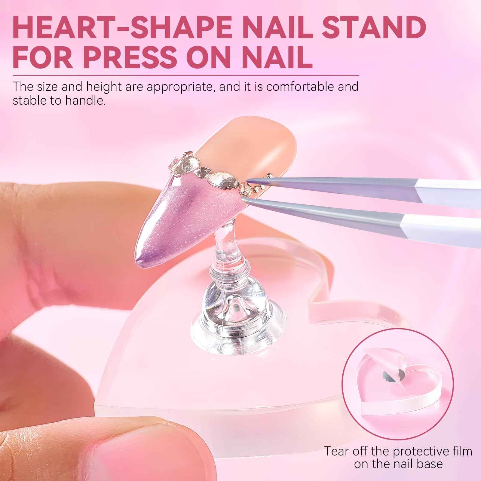 ESUOHYM Nail Stand for Press On Nails Art Display Practice 2 Sets, 1 Heart Shaped Acrylic Magnetic Nail Stands, Fake Nail Holder Tips With 200 PCS Double-Sided Tape, Nail Kit Home DIY Salon Supplies