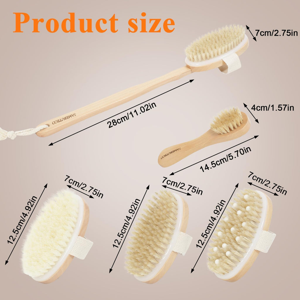 Natural Dry Brushing Set - 5 Packs with Wood Long Handle & 3 Detachable Heads for Lymphatic Drainage & Cellulite Exfoliation