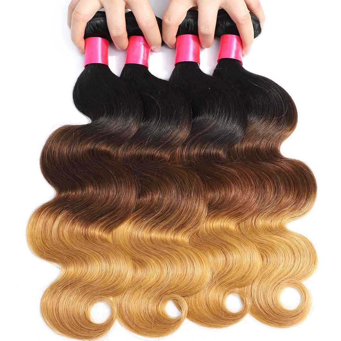Ombre Human Hair Bundles 1b/4/27 Three Tone Brazilian Ombre Body Wave One Bundle 12inch 100% Unprocessed Virgin Human Hair Bundles Weaves Extensions for Women
