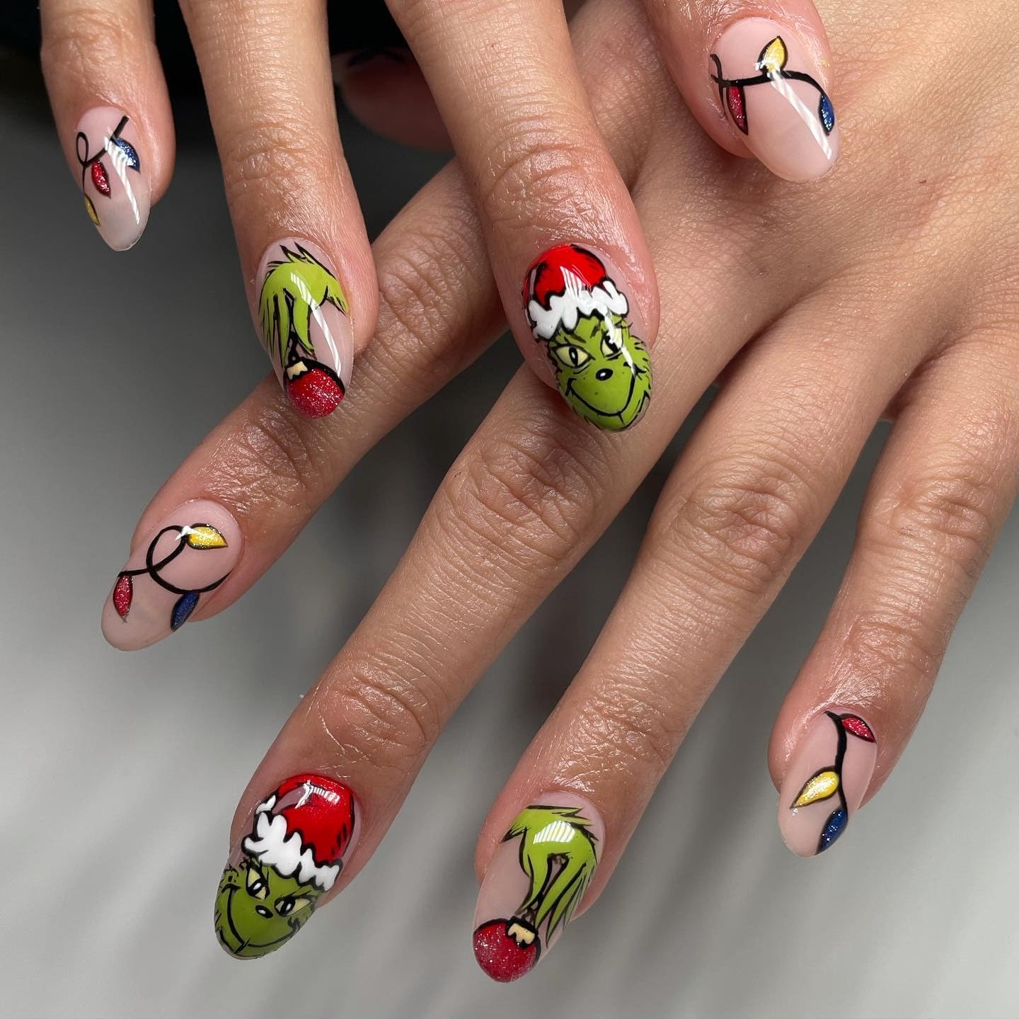 Christmas Press on Nails Short Almond Shaped Fake Nails with Green Monster Designs Full Cover Acrylic Nails Winter False Nails with Designs Cute Xmas Gloss Artificial Nails Nail Decorations for Women