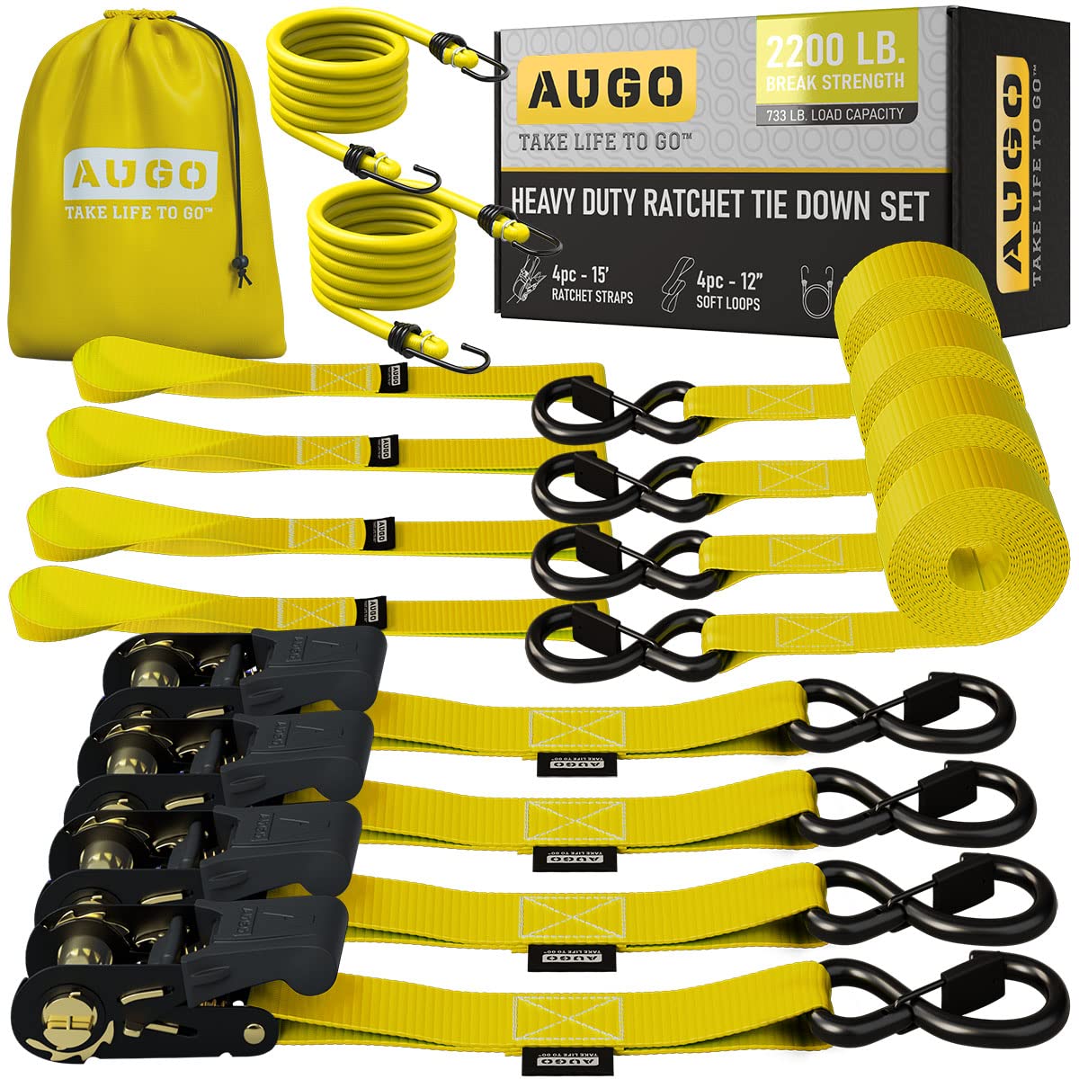 AUGO Ratchet Straps Heavy Duty 4 Pack -15 FT - 2200 LB Break Strength – Ratchet Tie Down Straps with Safety Lock S Hooks - Cargo Straps for Moving, Appliances, Motorcycle – Soft Loop Tie Down Straps