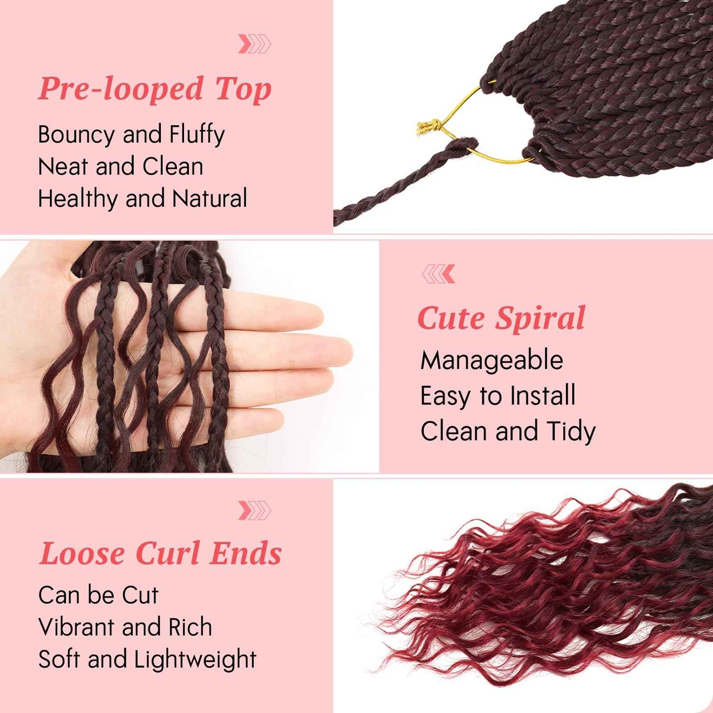 Eeanno Goddess Box Braids Crochet Hair 24 Inch 7 Packs Ombre Burgundy Boho Hair for Women Pre Looped Crochet Box Braids with Curly Ends, TIB/BUG