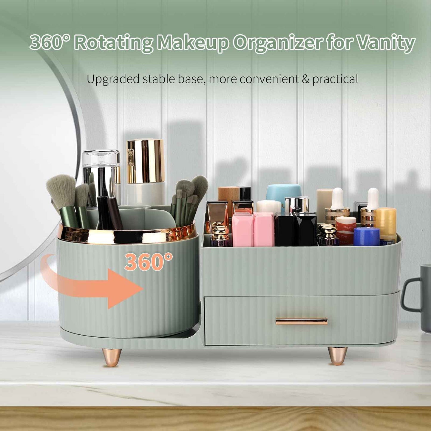 Beborxue 360° Rotating Makeup Organizer for Vanity with Drawers, Large Capacity Cosmetic Display Case, skincare organizer, Cosmetic Organizer for Lipstick, Skincare, Brushes, Eyeshadow, (Green)