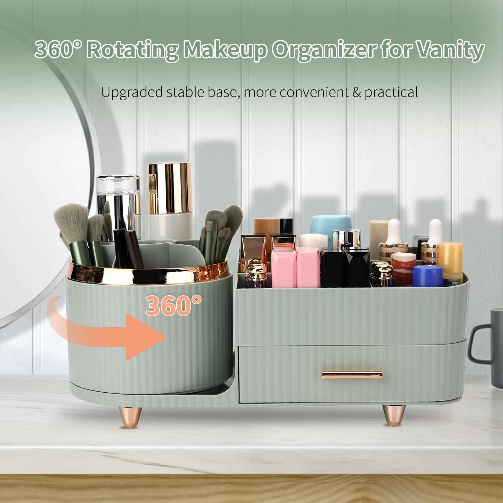 Beborxue 360° Rotating Makeup Organizer for Vanity with Drawers, Large Capacity Cosmetic Display Case, skincare organizer, Cosmetic Organizer for Lipstick, Skincare, Brushes, Eyeshadow, (Green)