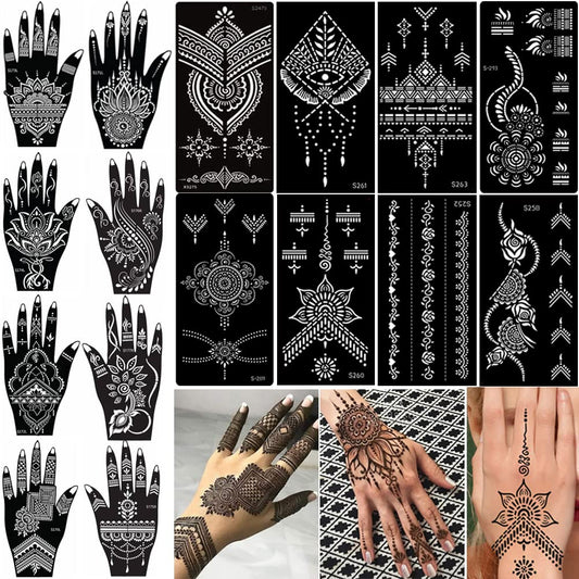 XMASIR 16 Sheets Temporary Henna Tattoo Kit, Reusable Tattoo Stencils Sets Indian Arabian Temporary Tattoo Templates Kit for Body Hand Art