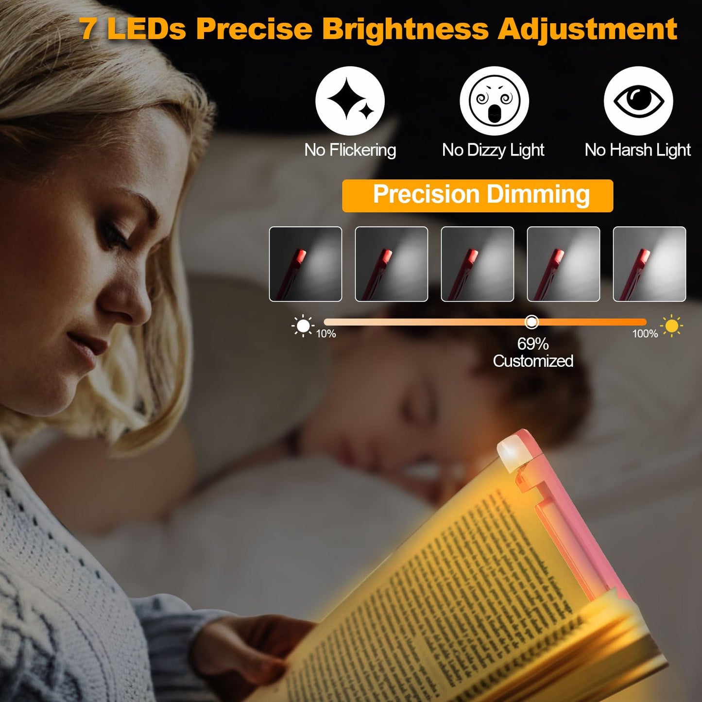 HIONXMGA Book Reading Light,2 Pack Silent Touch Book Lamp for Reading in Bed,Rechargeable Clip on Booklight with 3 Amber Color & 7 LEDs Precise Dimming for Night Reading for Book Lovers,Kid,Pink+Blue