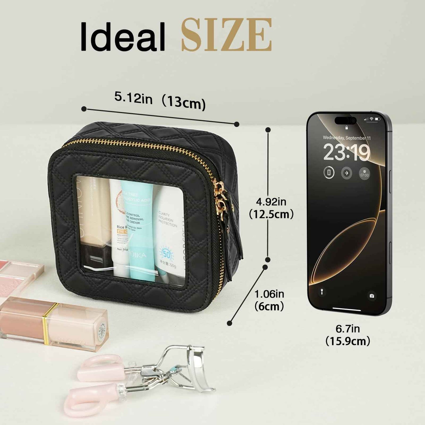 CHATSZ Mini Makeup Bag, Clear Cosmetic Bags for Women, Waterproof Transparent Toiletry Bag with Zipper, Small Cosmetic Case, Car Bag for Gift Clear Travel Pouch (Black)
