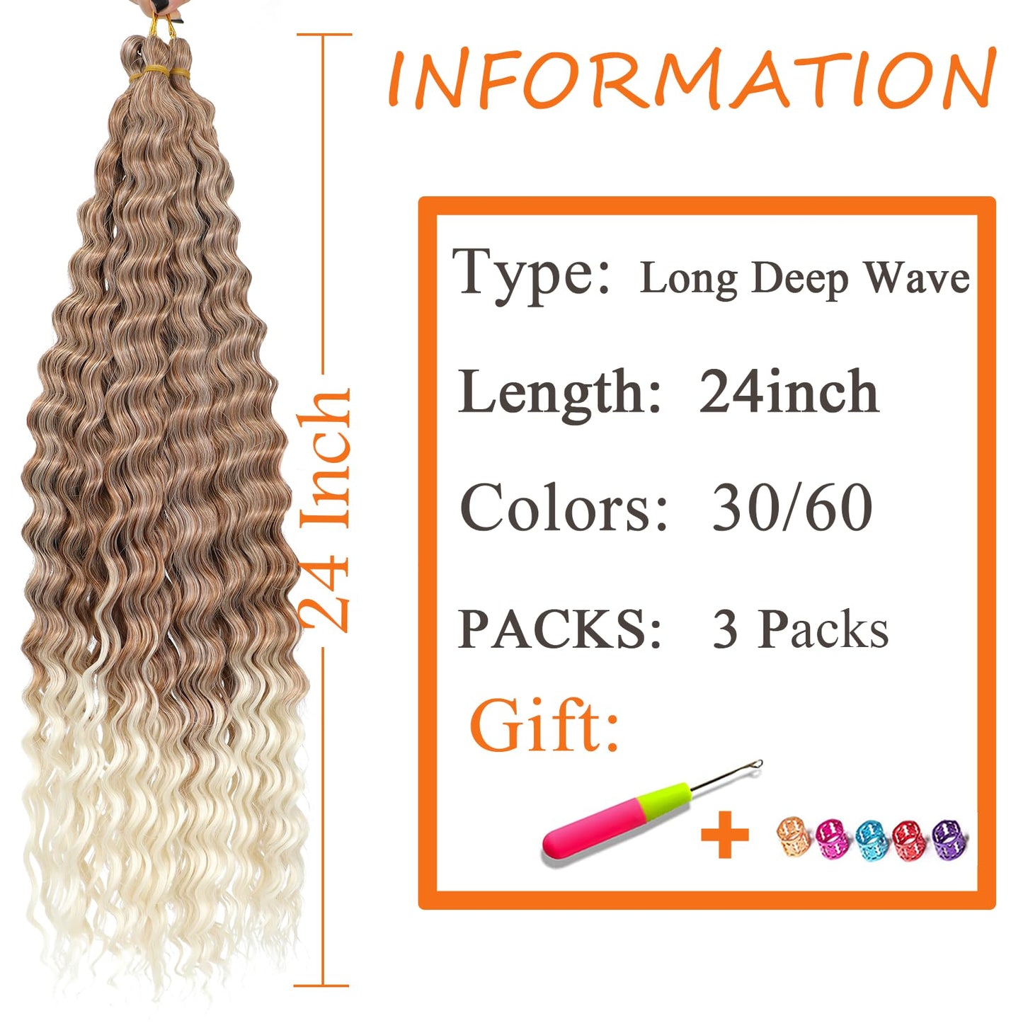 Deep Wave Crochet Hair 24 Inch Long Curly Braiding Hair for Boho Braids Ocean Wave Braiding Hair for Women (24 Inch 3 Packs 1B/Red)