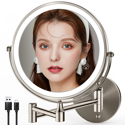 VORREMIRR 8.5 Inch Rechargeable Wall Mounted Makeup Mirror Brushed Nickel, Double Side Dual-Touch 1X/10X Magnifying Mirror with Light, 3 Color Lights 360°Swivel Extendable Bathroom Mirror