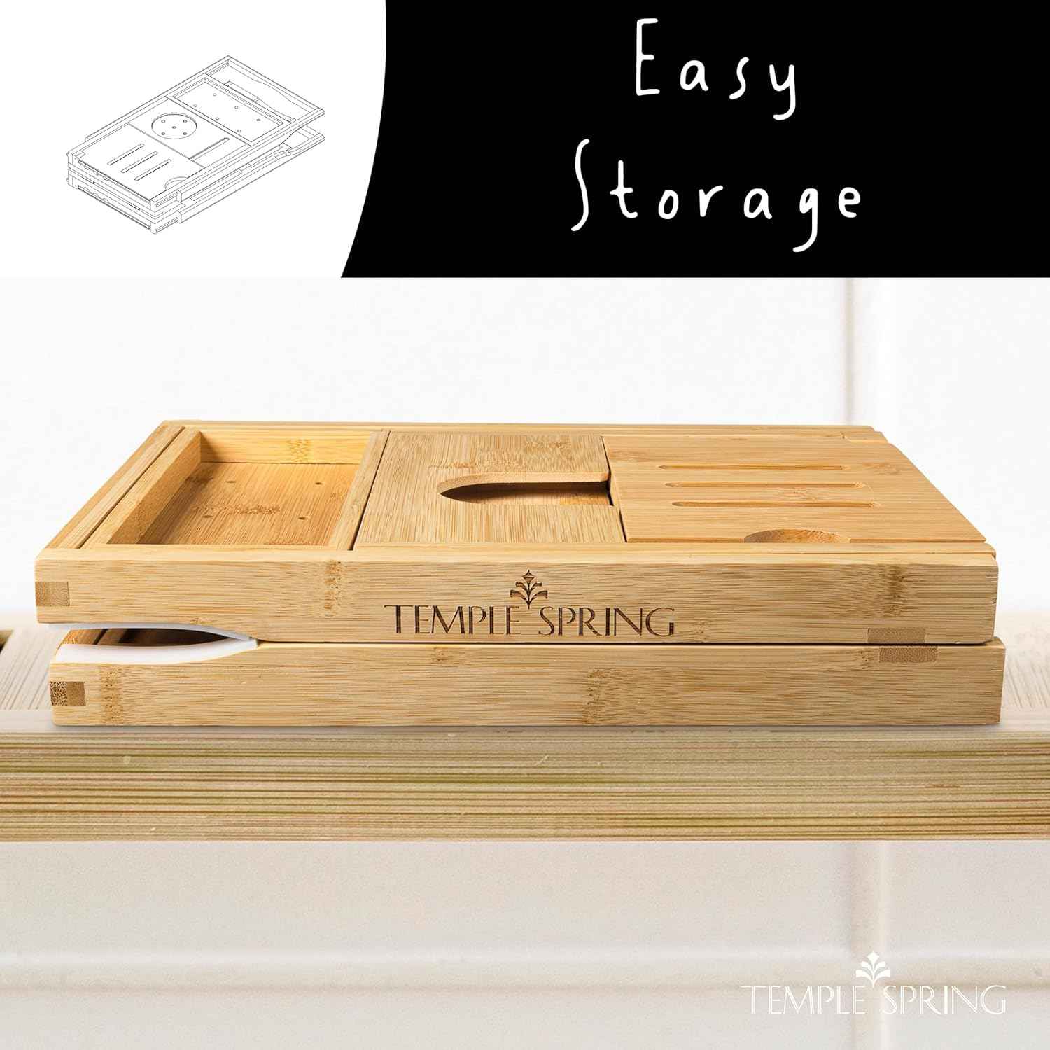 Temple Spring Foldable Bathtub Tray, Unique Design Selfcare Bathroom Caddy, Bamboo Spa Bathroom Tray, Wooden Bathtub Accessories, Wedding Gift/Birthday Gift/New Home Bath Table