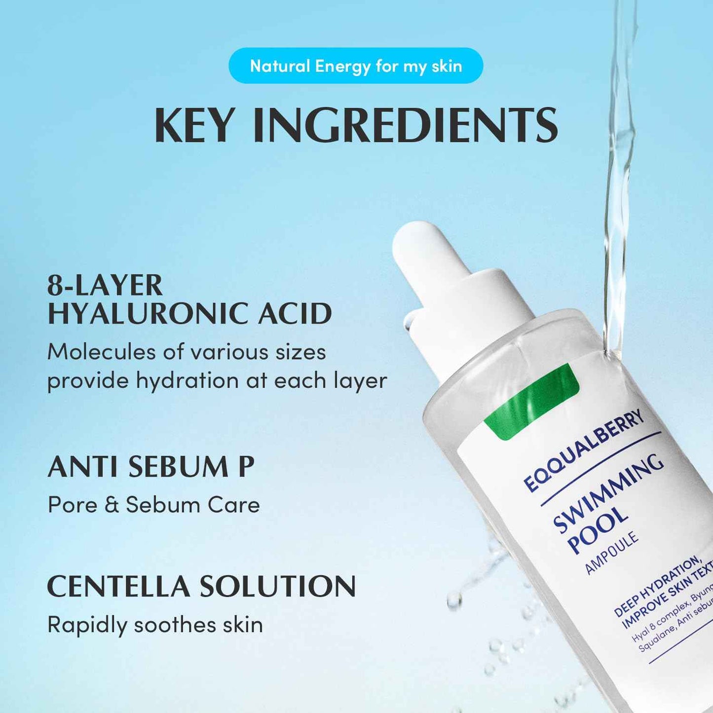 EQQUALBERRY Swimming Pool Ampoule - Hyaluronic Acid Serum for Glass Skin | Deep Hydration and Soothing with CICA Extracts | Korean Skin Care Serum, 1.69 Fl. Oz. 50ml