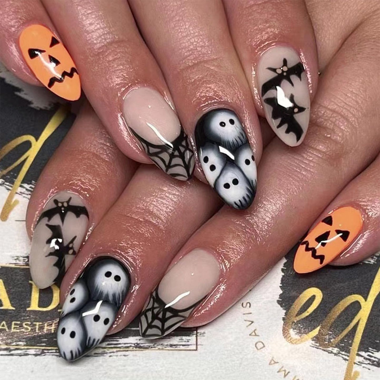 Halloween Short Press on Nails Almond Spider Web French Fake Nails Press ons Acrylic Glue on Nails Full Cover False Nails with Ghost Bat Design Stick on Nails for Women 24 Pcs