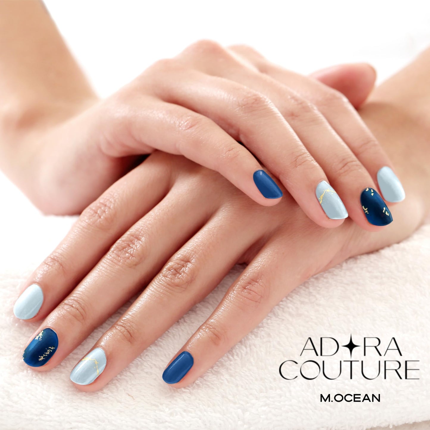 Adora Couture Semi Cured Gel Nail Strips Fall | 30pcs Blue Ocean with Gold Accent Stick-on Gel Nail Sticker | Holiday Nail Stickers with UV Light Required (M.Ocean)