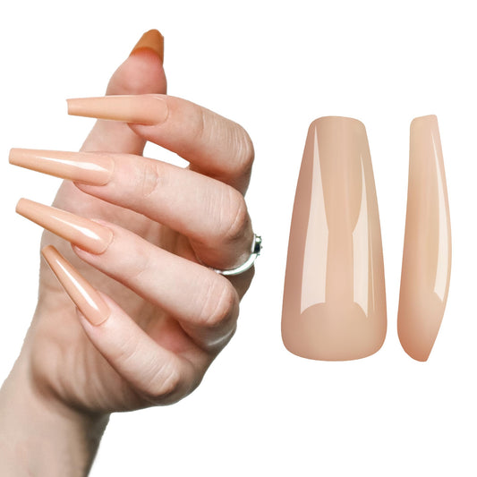 Allkem Press On Nails - Deep Nude Glossy Extra Long Ballerina 2 Set Bundle | 10 sizes - 20 pcs false nails full cover Nail kit with Glue