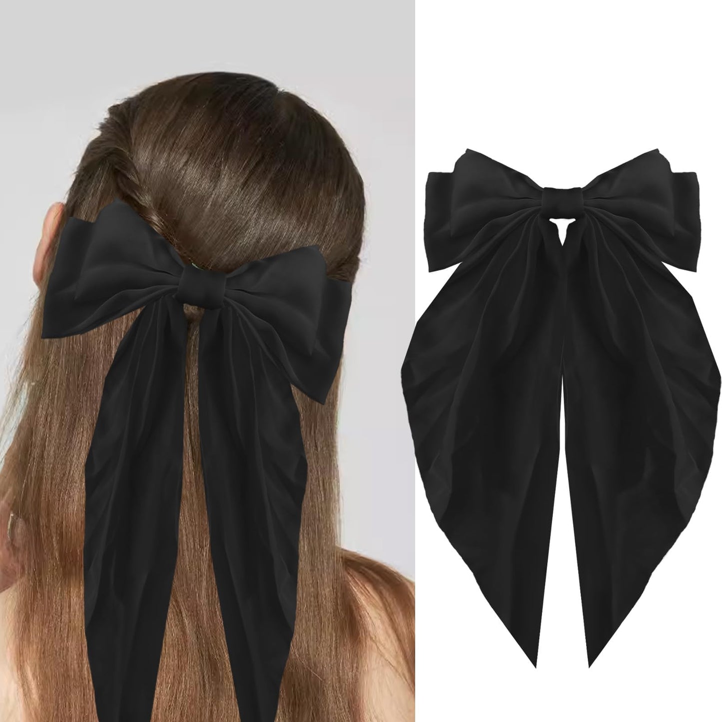 Drnytunk Bow Hair Clips for Women Girls Satin Hair Ribbon Clips Bowknot Barrettes,3PCS Tassel Hair Bowknot Clips Printed Bow Hair Clips Long-tail Hair Bows Cute Hair Accessories,Black