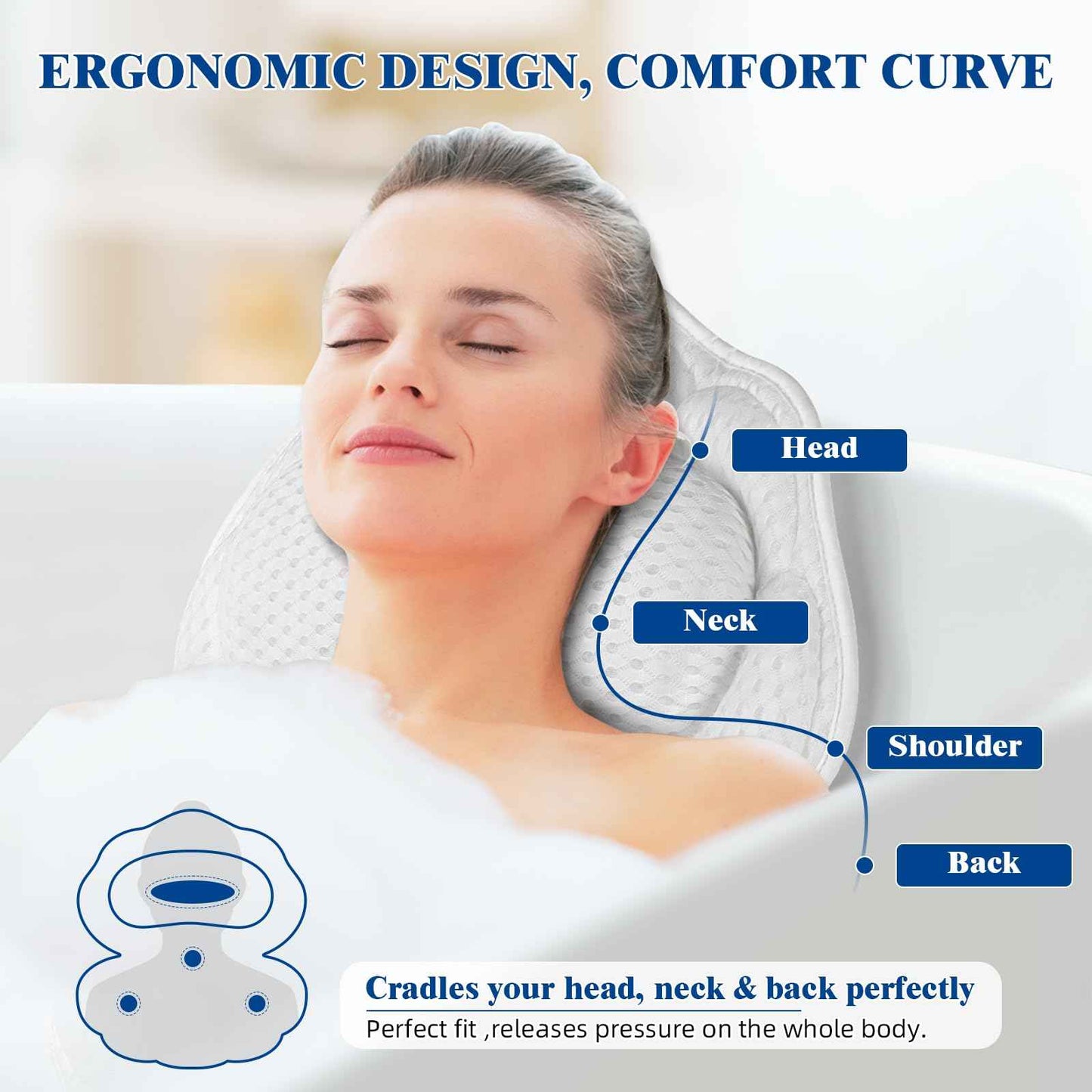 Bath Pillows for Tub, Afitton Luxury Bath Pillow Bathtub Pillow Headrest Neck and Back Support - with 4D Air Mesh Fabric & 6 Powerful Suction Cups, Ergonomic Bath Accessories Spa Gifts for Women Men