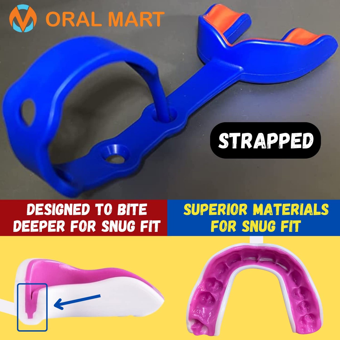 Oral Mart Blue/Red Strapped Youth Mouth Guard for Kids - Sports Mouthguard with Connected Strap for Football, Ice Hockey, Lacrosse, Taekwondo