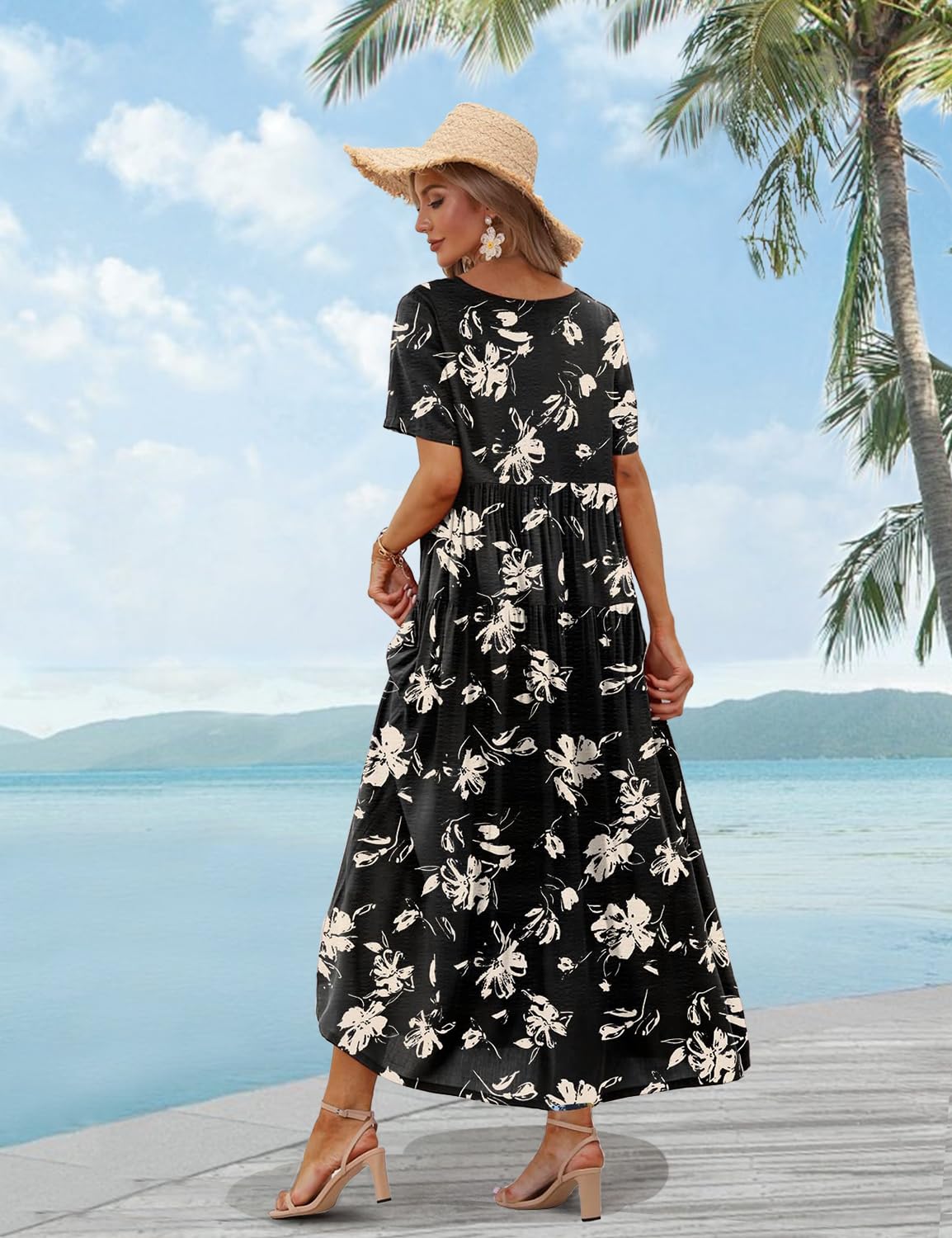 YESNO Women Casual Loose Bohemian Floral Dress with Pockets Short Sleeve Long Maxi Summer Beach Swing Dress S EJF CR346