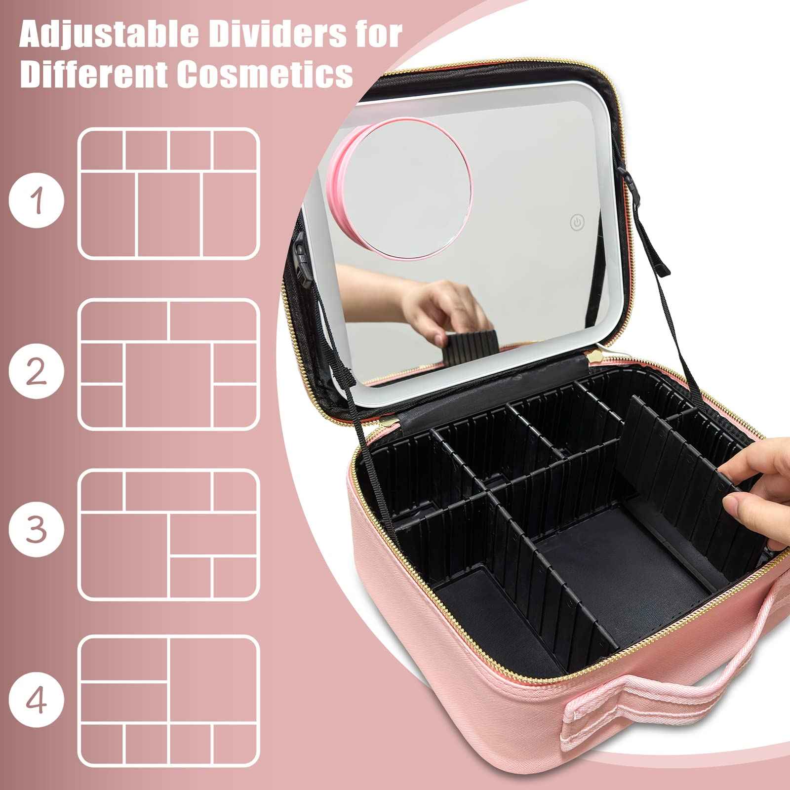 YUSONG Travel Makeup Bag With LED Lighted Mirror, Train Case With Adjustable Dividers and Detachable 10x Magnifying Mirror