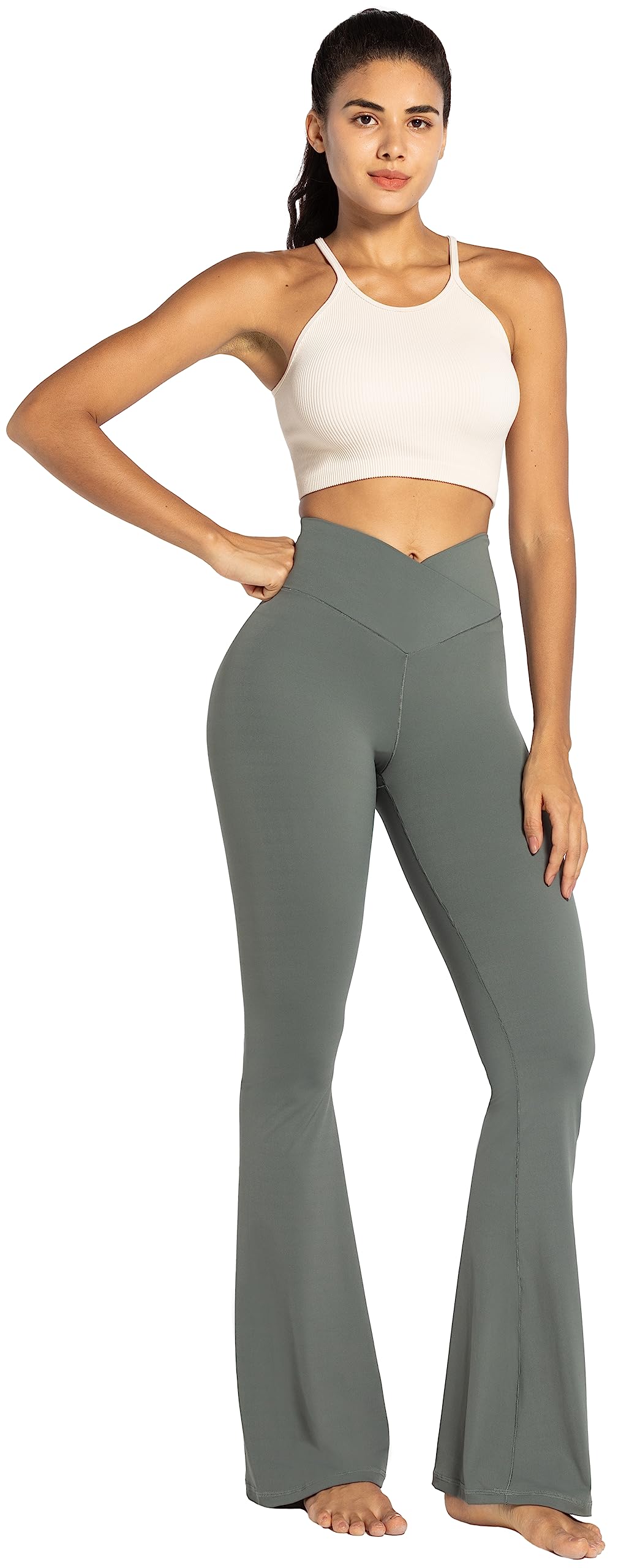 Sunzel Flare Leggings, Crossover Yoga Pants for Women with Tummy Control, High-Waisted and Wide Leg Grey