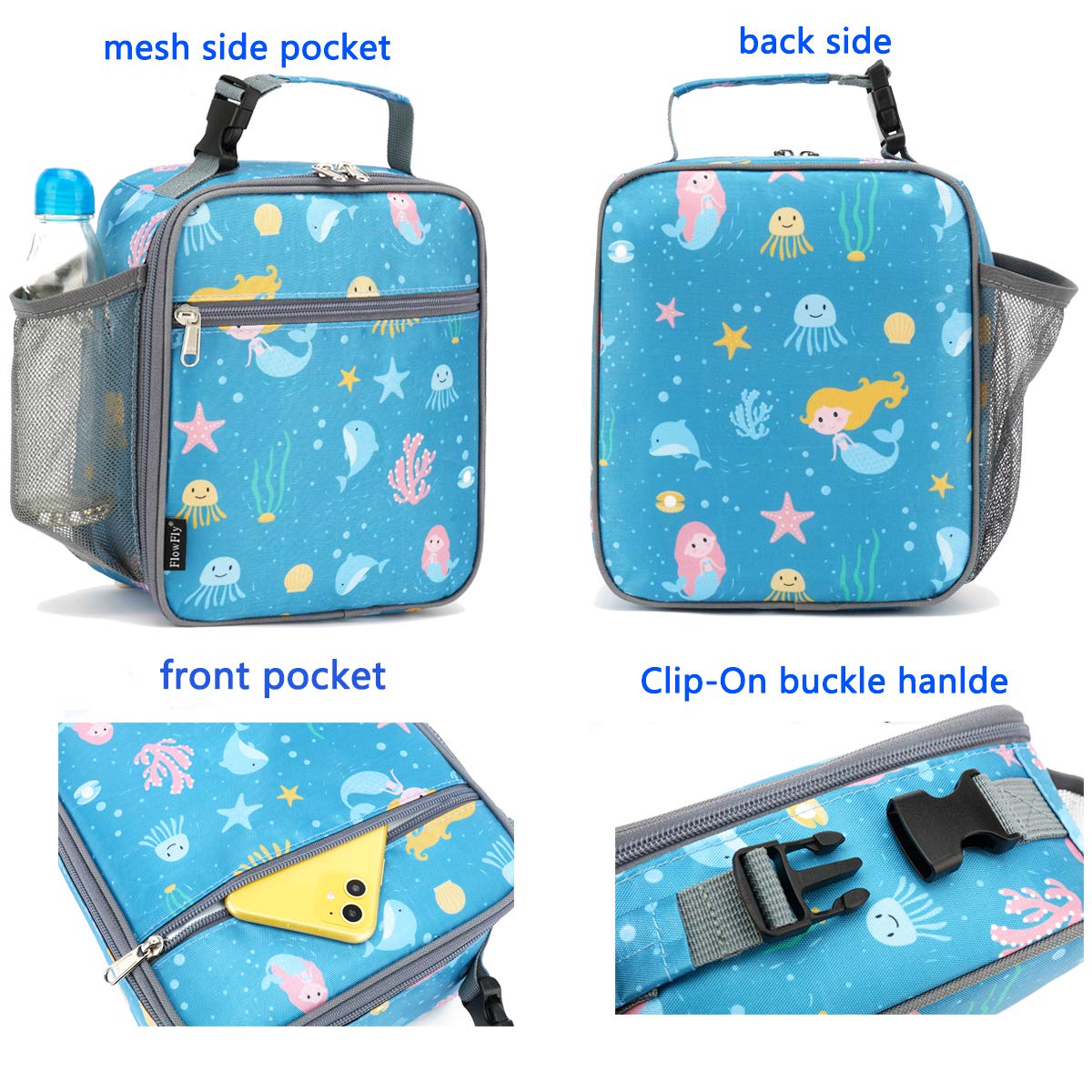 FlowFly Kids Lunch box Insulated Soft Bag Mini Cooler Back to School Thermal Meal Tote Kit for Girls, Boys, Mermaid