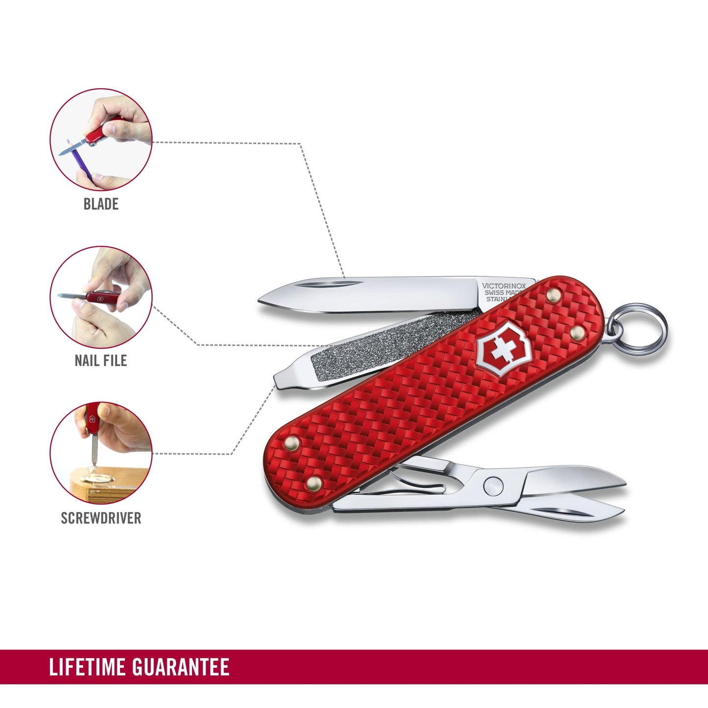 Victorinox Classic SD Precious Alox Swiss Army Knife, Compact 5 Function Swiss Made Pocket Knife with Small Blade, Screwdriver and Key Ring - Iconic Red