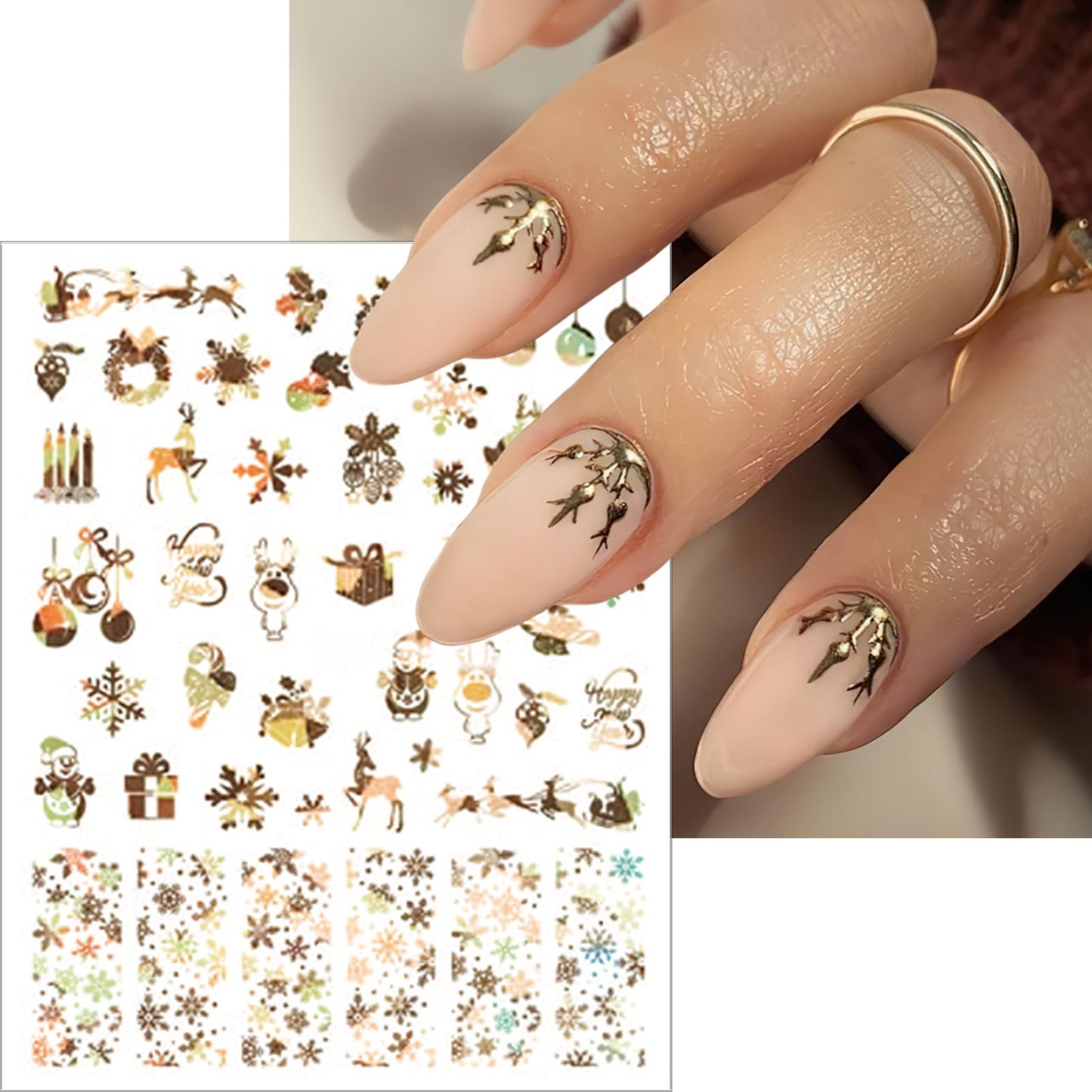 Christmas Nail Art Stickers Shiny Metallic Laser Snowflakes Nail Decals 3D Self-Adhesive Luxury Reindeer Snowman Nail Sticker Gold Silver Winter Xmas Tree Bell Nail Art Supplies for Women 8 Sheets