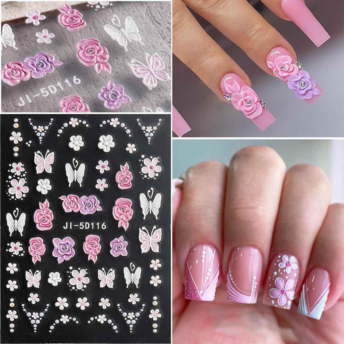 Fcozpjk Flowers Nail Stickers 4 Sheets 5D Embossed Floral Nail Decals, Summer Neon Nail Design, 3D Acrylic Engraved Hibiscus Flowers Rose Butterfly Stickers for Nail Art Pegatinas Uñas
