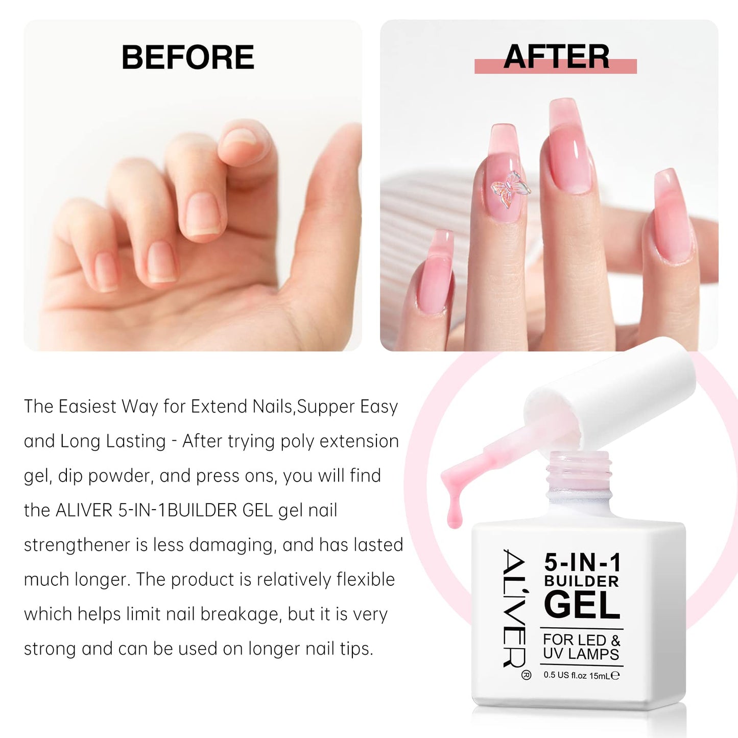 Builder Gel, 5 in 1 Builder Gel for Nails Quick Building Nail Strengthener Gel Professional Nail Repair Supplies Builder Nail Gel 15ml(pink)