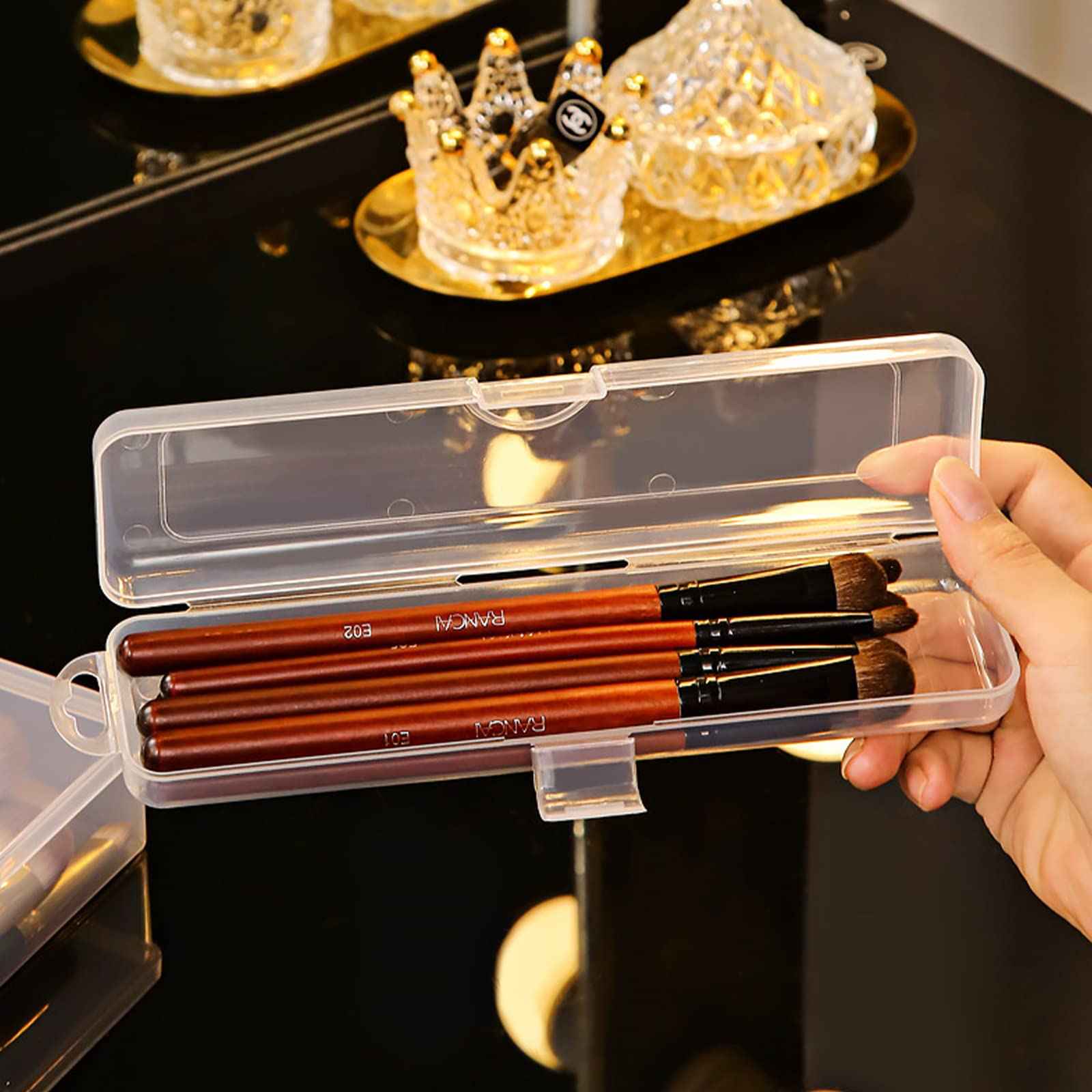 Portable Travel Cosmetic Brush Holder Dispenser Cutlery Storage Jar with Transparent Lid - Fixed Frame - Cotton Swab & Dental Floss Box - 3 pcs (8.4x1.9x1.2 in)