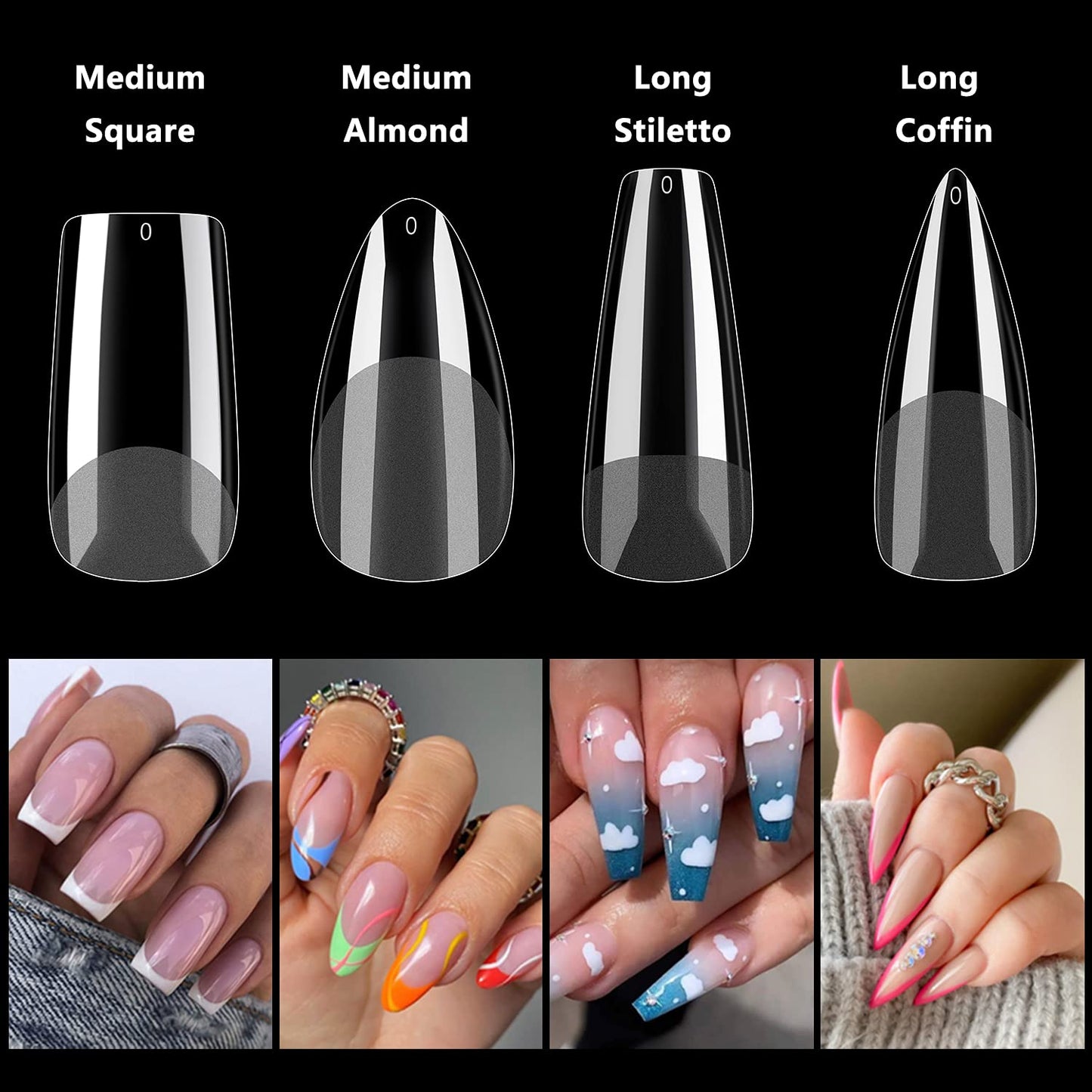 INENK Long Coffin Gel X Nail Tips Extension, 240PCS Clear Soft Gel Full Cover Nail Tips, M Square Press On False Nail Tips for Salons, and DIY Nail Art at Home (12 Sizes)