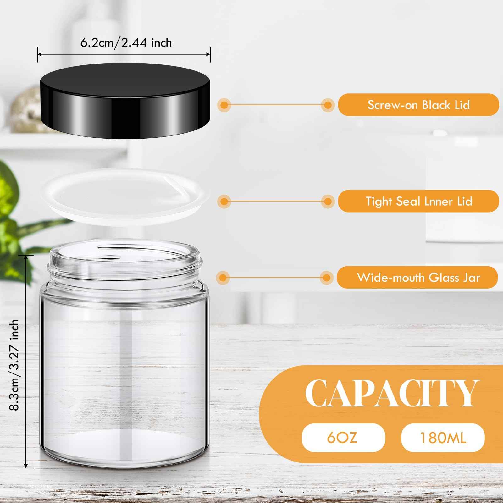 Domensi 24 Pcs 6oz Glass Jars with Lids Leakproof Round Airtight Empty Cosmetic Jars with Inner Liners Lid for Storing Lotions Spices Ointments Candle Making Food Storage (White Black)