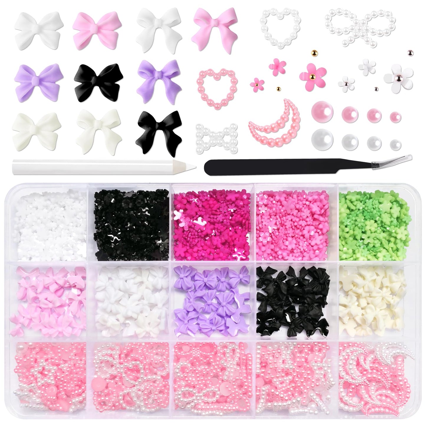 LoveOurHome Flower Nail Charms 3D Star Moon Heart Bow Charms Nail Decorations Kit Bow-knot Floral Nail Studs Rhinestone Pink White Pearl Beads Acrylic Nail Design Jewelry Nail Supplies with Tweezer