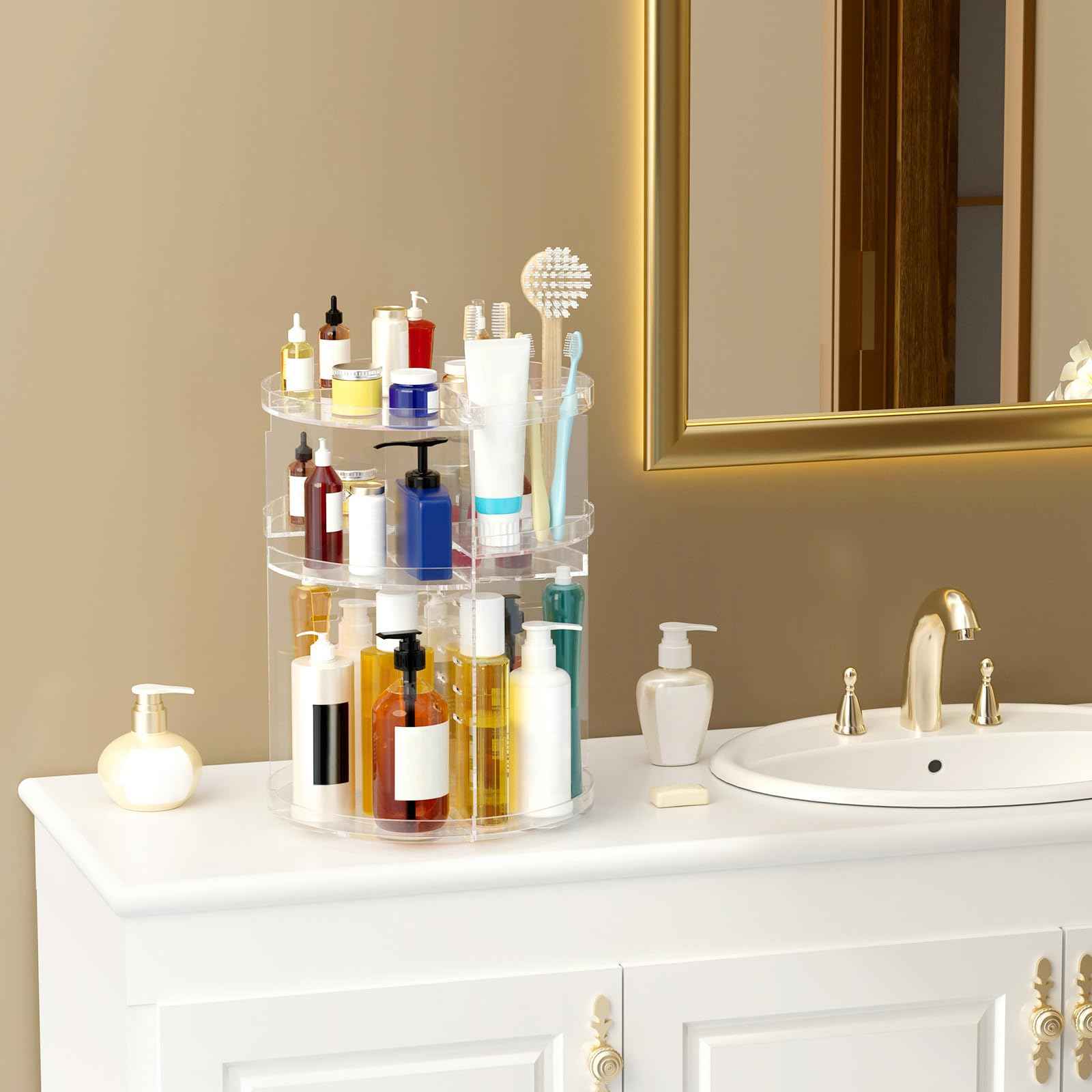 HEMTROY Makeup Organizer 360 rotating, Adjustable Skincare Organizer with Brush Holder, Cosmetics Display Cases for Vanity Bathroom Countertop Large Capacity Carousel Make up Caddy Shelf (Transparent)