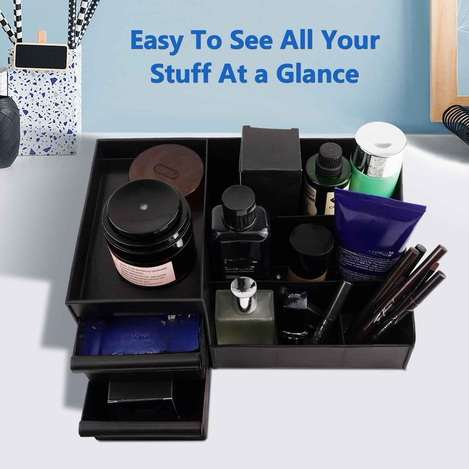 Simbuy Black Cologne Organizer for Men - Large Countertop Organizer with Drawers for Cologne, Perfume, Shaving & Skincare - Bathroom & Vanity Storage, Ideal Gift for Boyfriend, Husband, Dad & Friends