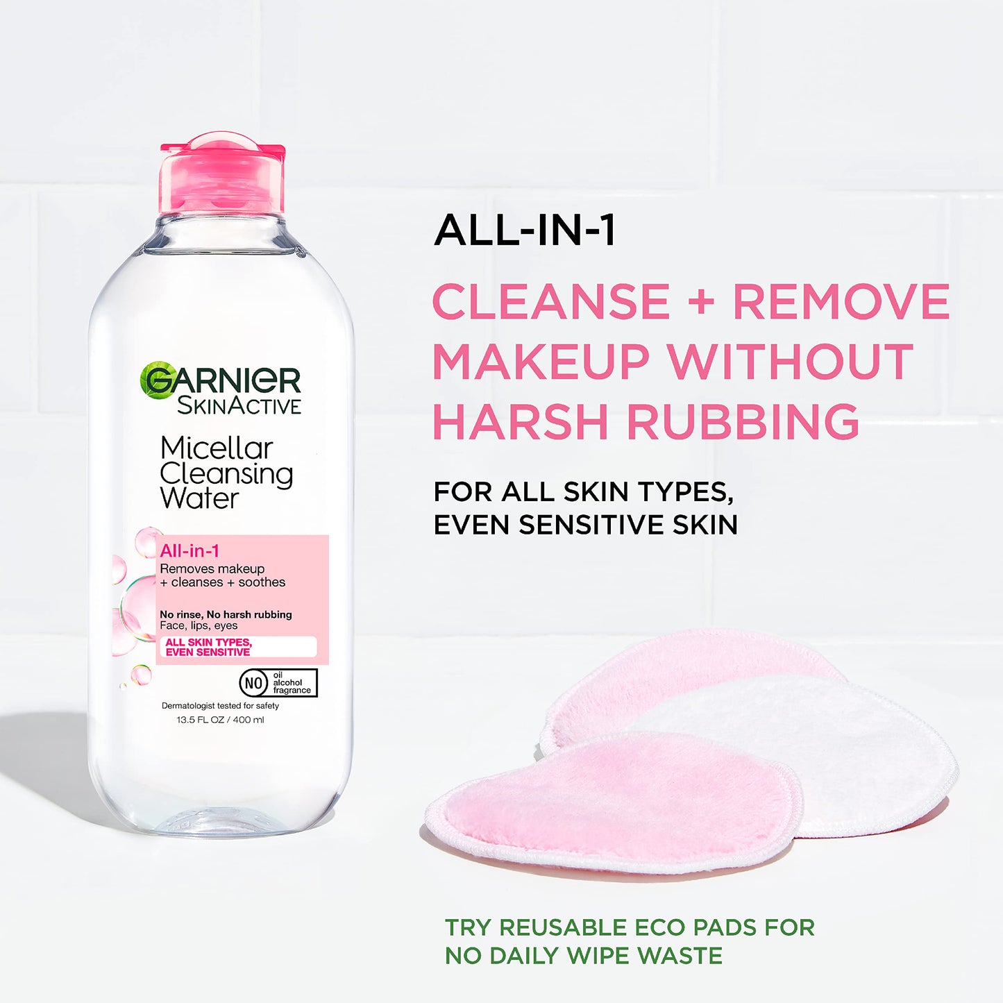 Garnier Micellar Cleansing Water, For All Skin Types, 13.5 fl oz + Micellar Cleansing Water, For Waterproof Makeup, 3.4 fl oz