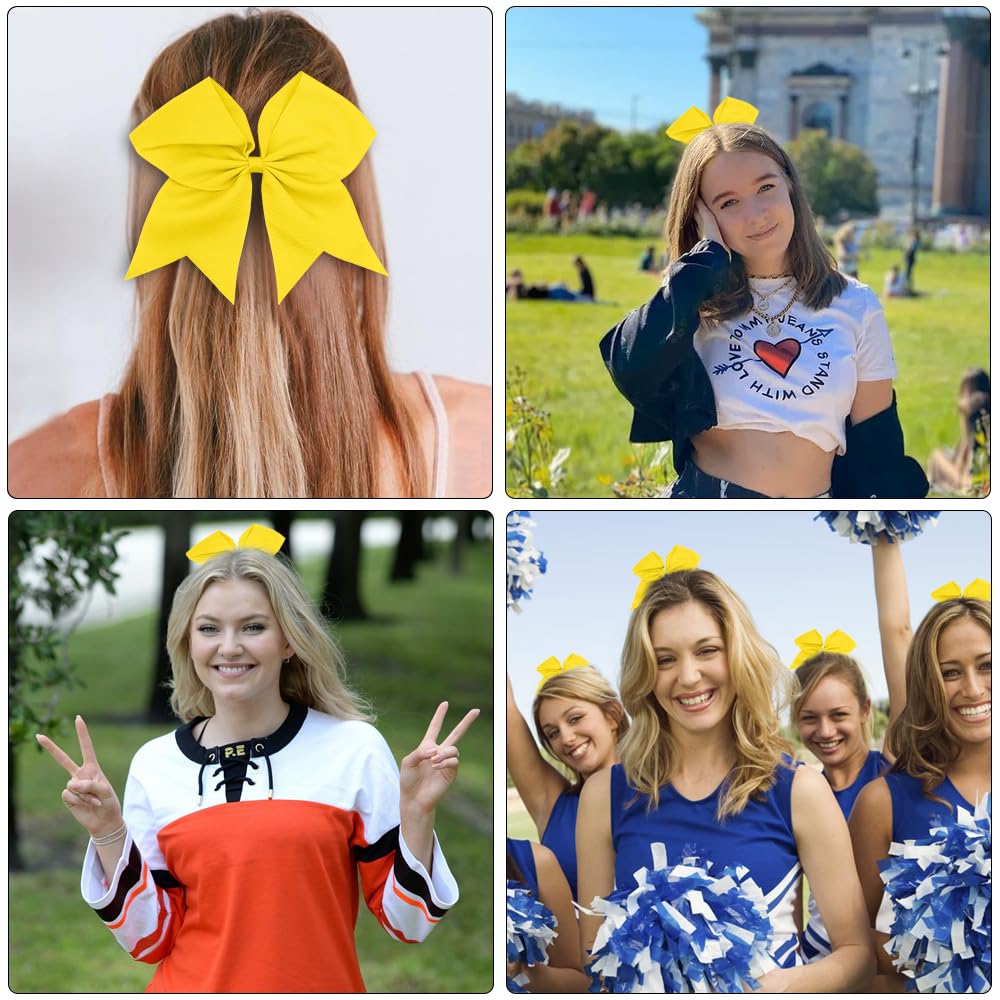 Cheer Bows and Hair Accessories for Cheerleading and Softball - 8Inch Hair Bows, Ponytail Holders, Ribbons for Girls, Women, and Cheerleaders - Yellow Hair Ties