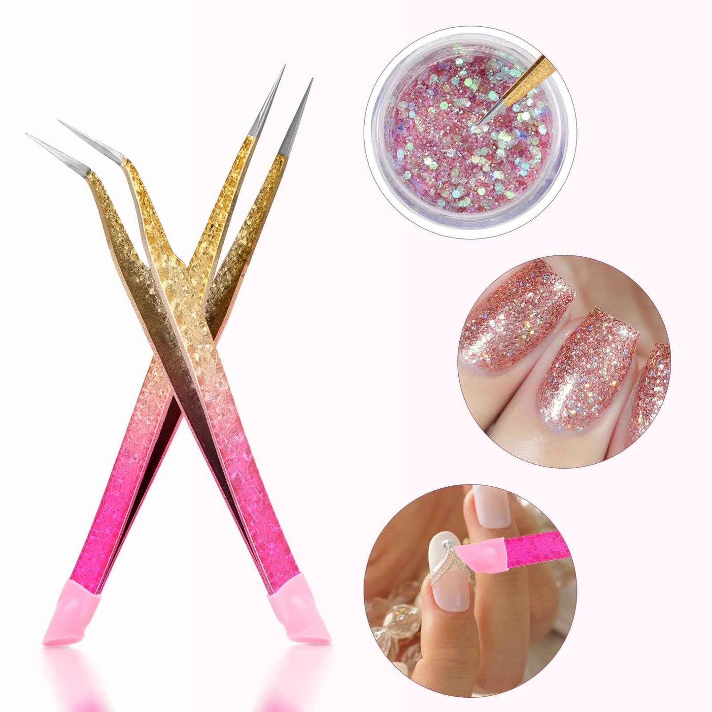 Double Ended Nail Art TweezersCurved,2Pcs Tweezers, Eyelash Tweezers, Straight Fine Tip Tweezers for Women with Silicone Pressing Tips, Suitable for Nail Art, Hair Removal, Jewelry