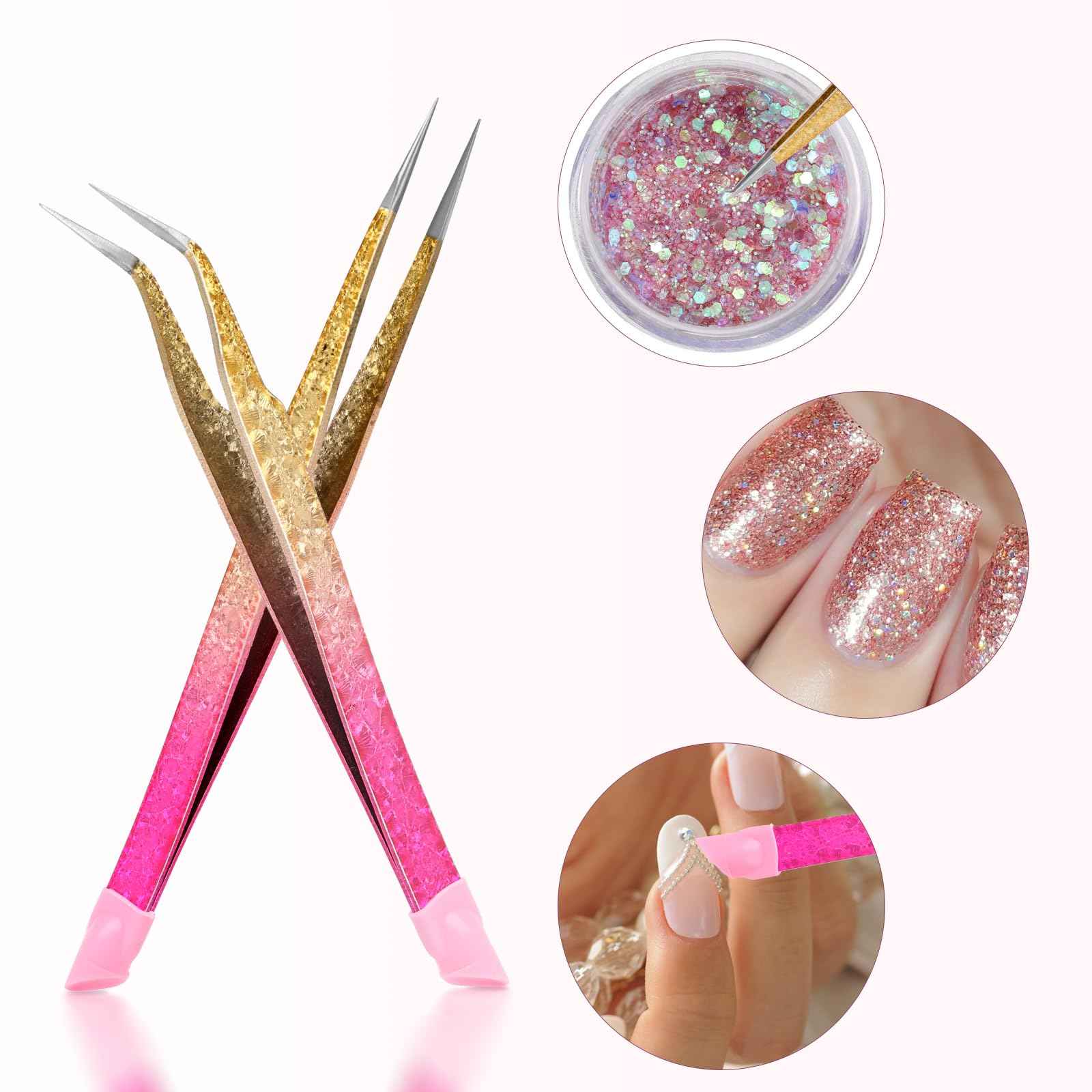 Double Ended Nail Art TweezersCurved,2Pcs Tweezers, Eyelash Tweezers, Straight Fine Tip Tweezers for Women with Silicone Pressing Tips, Suitable for Nail Art, Hair Removal, Jewelry