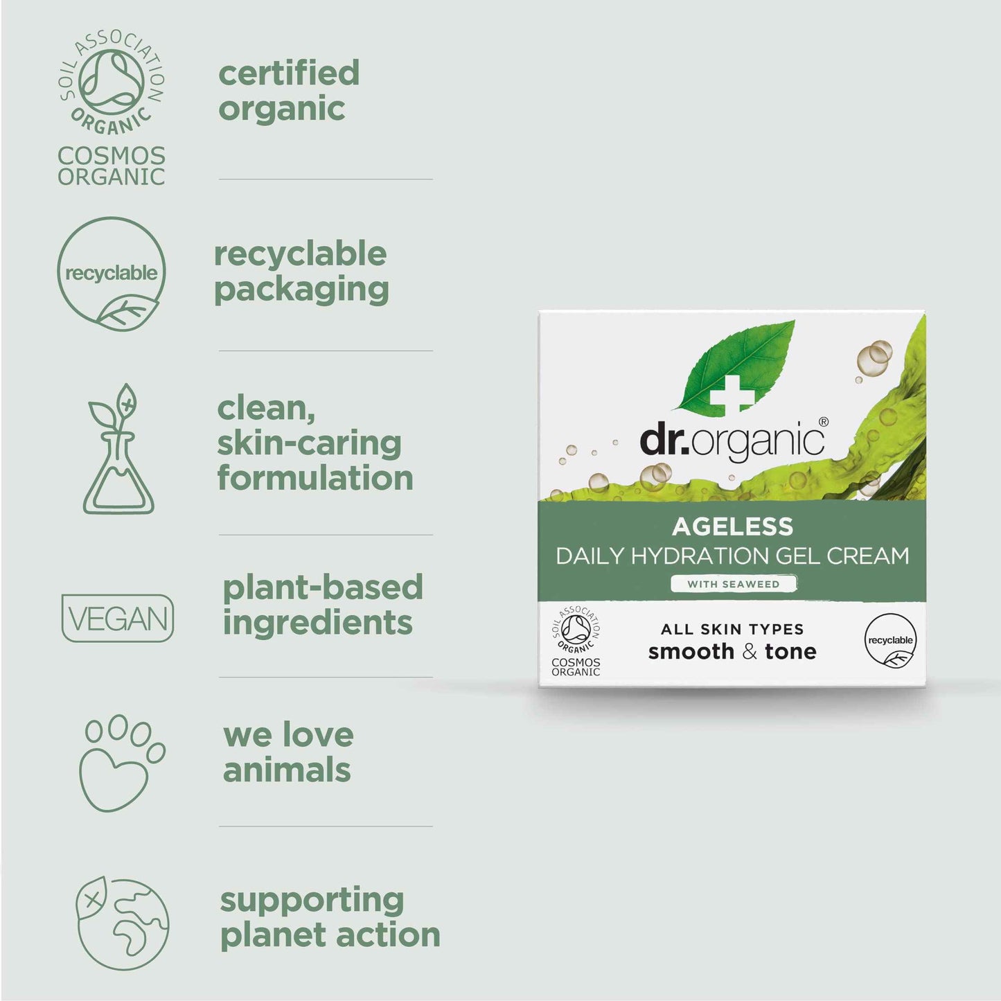 Dr. Organic Ageless Daily Hydration Gel with Seaweed | Hydrating, Tones & Smoothes Complexion, Certified Organic, Paraben & SLS-Free, Recyclable, 50 mL / 1.7 fl oz
