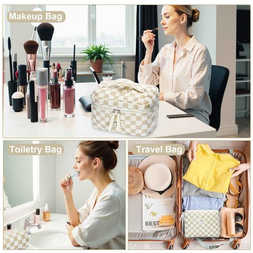 BuyCard Quilted Makeup Bag Set, 3Pcs Large Checkered Corduroy Cosmetic Bags, Cute Coquette Makeup Bag Toiletry Zipper Pouch Bag for Women Checkered Mix Brown