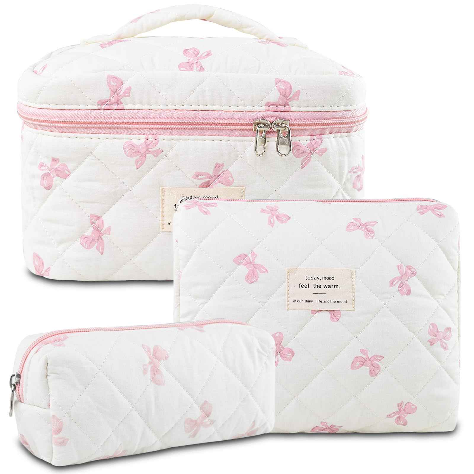 GISMTR 3Pcs Makeup Bag Cotton Quilted Travel Cosmetic Bag Cute Floral Makeup Pouch Large Toiletry Bag for Women Girls (Bow-Pink)