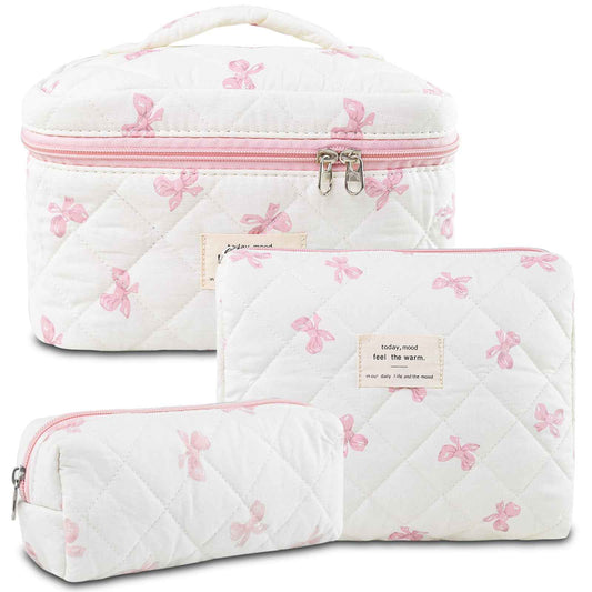 GISMTR 3Pcs Makeup Bag Cotton Quilted Travel Cosmetic Bag Cute Floral Makeup Pouch Large Toiletry Bag for Women Girls (Bow-Pink)