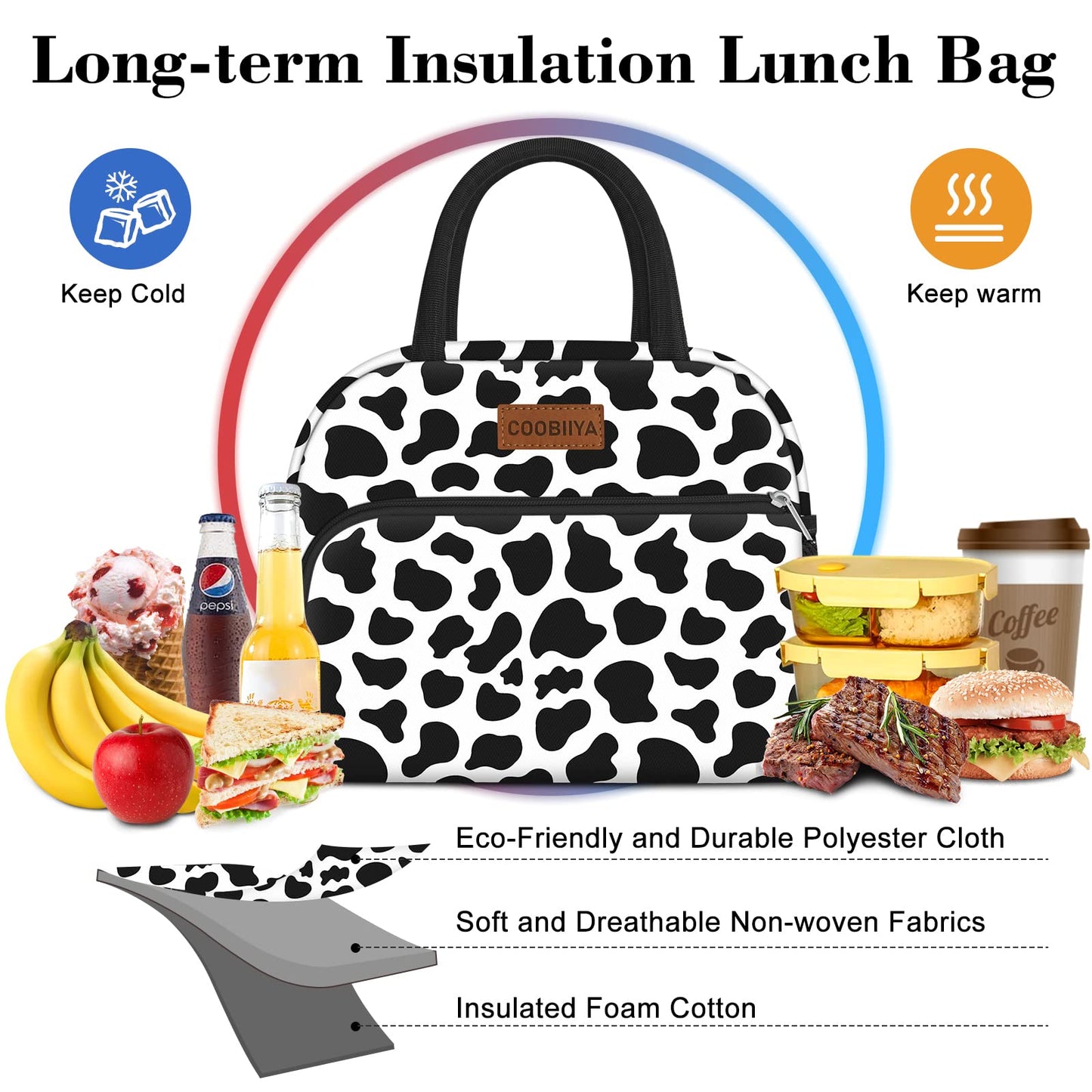 Coobiiya Lunch Bag Women, Lunch Box Lunch Bag for Women Adult Men, Small Leakproof Cute Lunch Tote Large Capacity Reusable Insulated Cooler Lunch Container for Work/Office/Picnic/Travel-Cow