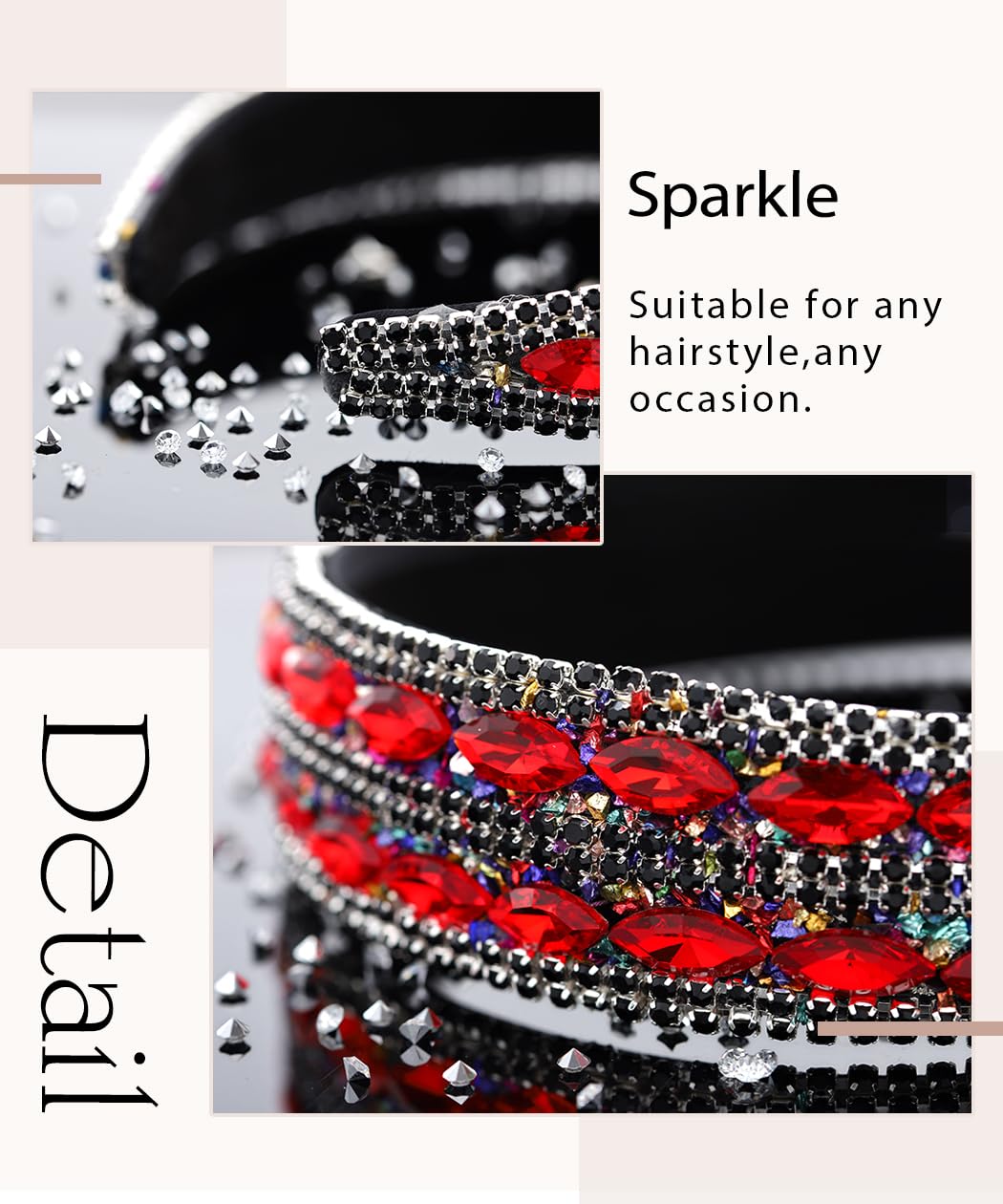 Barode Rhinestone Headbands Colorful Glitter Crystal Wide Headband Bejewelled Hairband Shell Pearl Bling Hair Accessories for Women (F)