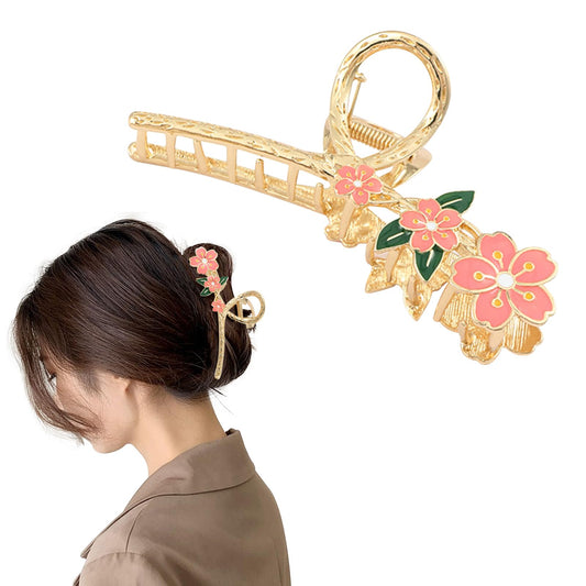 Flower Hair Claw Clip for Women, Large Pink Flower Hair Clips, Metal Gold Hair Jaw Clips, Non-Slip Floral Hair Claws Hair Accessories for Ladies Girls Thick Thin Hair Styling Decorations…