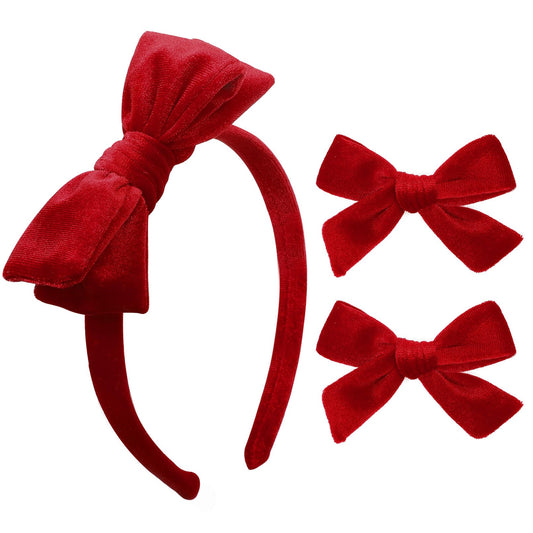 DEEKA Red Velvet Bow Headband & 2 Pcs Velvet Hair Bows Set Velvet Uniform Hair Accessories Hair Band for Little Toddler School Girls -Red