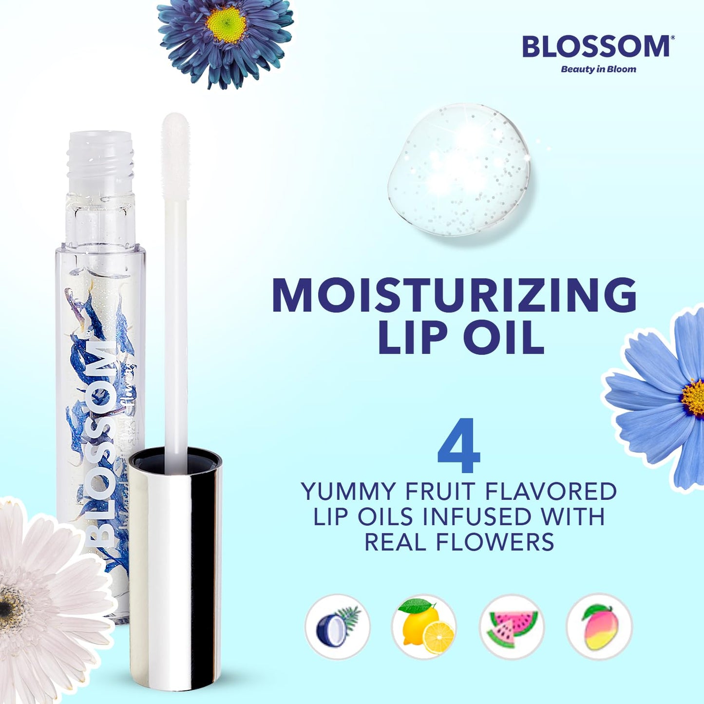 Blossom Moisturizing and Hydrating Shimmer Sparkle Lip Oil with Olive Oil + Grape Seed Oil, Infused with Real Flowers, 3g, Coconut