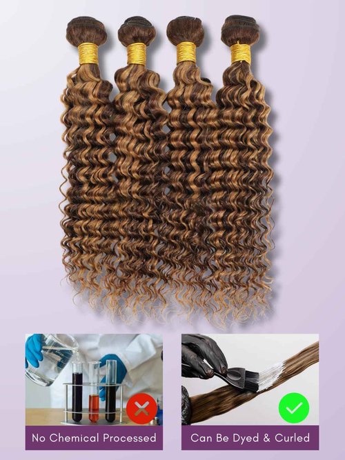 AUROO Honey Blonde Highlight Deep Wave Single Bundles Human Hair, 100% Thick Track 12A Virgin Brazilian Weaves P4/27 Balayage Ombre Brown Curly Water Wave Colored Human Hair Bundles Sew In 14 Inch